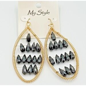 Earrings Black Faceted Beads Gold Toned Wire Wrapped Witchy Goth Hippie Boho NEW